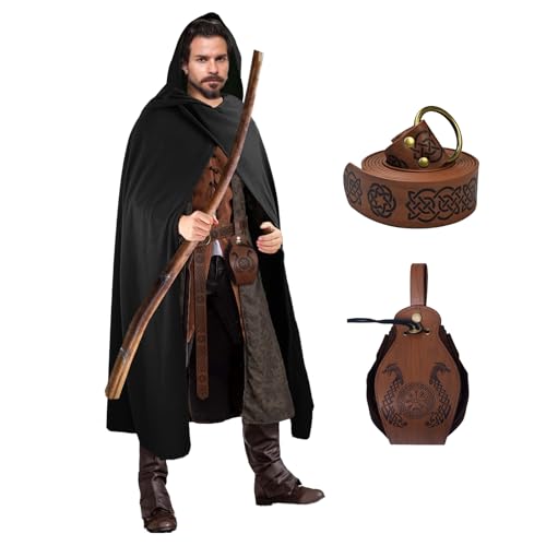 FSUJWOA Renaissance Kapuzenumhang Medieval Waist Bag and Belt herren Hexenmantel mit Kapuze (Schwarz) von FSUJWOA