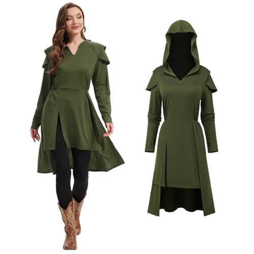 FSUJWOA Renaissance Kostüm Damen Mittelalter Vintage Kapuzen kleid Gothic Kapuzen robe Halloween Cosplay (Grün, XXL) von FSUJWOA
