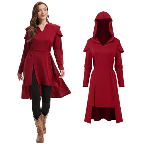 FSUJWOA Renaissance Kostüm Damen Mittelalter Vintage Kapuzen kleid Gothic Kapuzen robe Halloween Cosplay (Rot, XS) von FSUJWOA