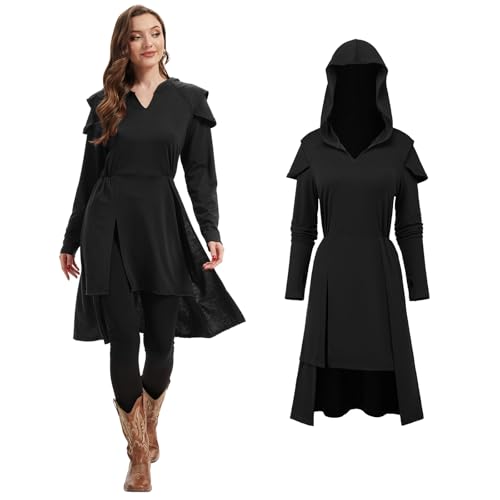 FSUJWOA Renaissance Kostüm Damen Mittelalter Vintage Kapuzen kleid Gothic Kapuzen robe Halloween Cosplay (Schwarz, XS) von FSUJWOA