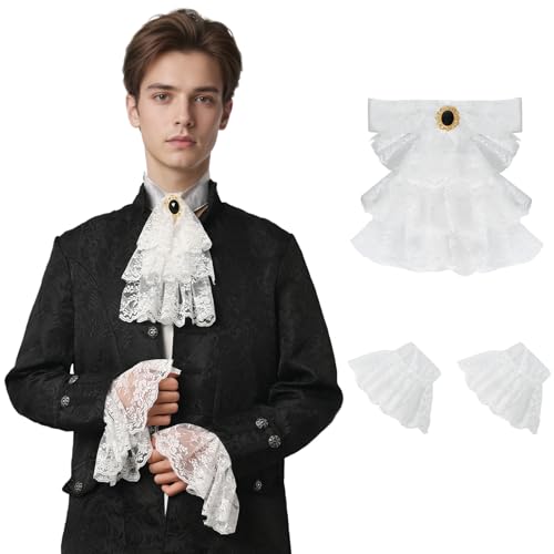 FSUJWOA jabot aus Spitze, Viktorianisch halskrause spitze, Weißes 3-teiliges Jabot Zubehörset für Halloween und Karneval (Weiß) von FSUJWOA