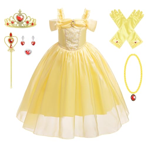 FStory&Winyee Belle Kostüm für Mädchen Kinder Prinzessinnenkleid Tutu Dress mit Drop Shoulder Baby Kinderkleid mit Halskette Krone Zauberstab für Verkleidung Halloween Karneval Cosplay, 140 von FStory&Winyee
