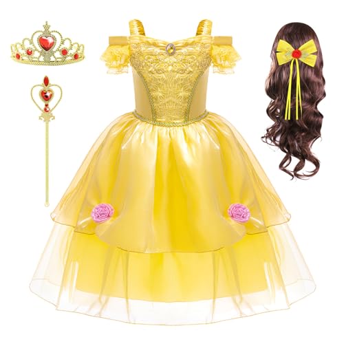 FStory&Winyee Belle Prinzessin Kostüm Mädchen Kinder tutu Kleid mit Perücke für Verkleidung Halloween Geschenk Kindergarten Cosplay Karneval Geburtstagsfeiern, Gleb, 140 von FStory&Winyee
