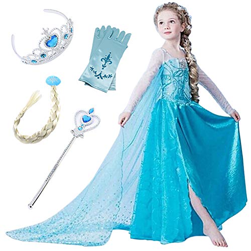 FStory&Winyee Kostüm Mädchen Prinzessin Elsa Kleid Eiskönigin Kinder Kostüm Karneval Party Kinder Verkleidung Weihnachten Halloween Fest, Blau, 120 von FStory&Winyee