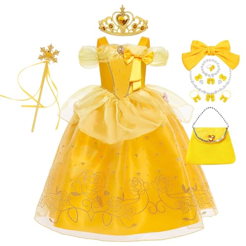 FStory&Winyee Mädchen Belle Prinzessin Kostüm Dornröschen Kinder Kleid mit Krone Zubehöre für Karneval Geschenk Fasching Verkleidung Halloween Blumenmädchen Cosplay Party, Gelb, 100 FStory&Winyee Mädchen Belle Prinzessin Kostüm Dornröschen Kinder Kleid mit Krone Zubehöre für Karneval Geschenk Fasching Verkleidung Halloween Blumenmädchen Cosplay Party, Gelb, 100 von FStory&Winyee