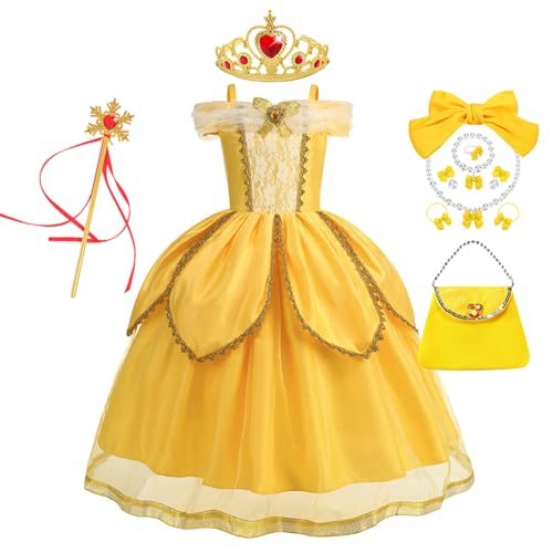 FStory&Winyee Mädchen Belle Prinzessin Kostüm Kinder Kleid Schulterfrei Dress Set mit Zubehöre für Karneval Geschenk Geburtstag Verkleidung Fasching Cosplay Blumenmädchen, Gelb, 140 FStory&Winyee Mädchen Belle Prinzessin Kostüm Kinder Kleid Schulterfrei Dress Set mit Zubehöre für Karneval Geschenk Geburtstag Verkleidung Fasching Cosplay Blumenmädchen, Gelb, 140 von FStory&Winyee