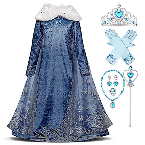 FStory&Winyee Mädchen Eiskönigin Kostüm Prinzessin ELSA Kleid mit Umhang Frozen Party Eisprinzessin Verkleidung Fasching Cosplay Outfit Set Diadem,Zauberstab,Handschuhe,Halskette,Ring,Ohrringe von FStory&Winyee