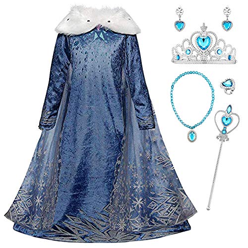 FStory&Winyee Mädchen Eiskönigin Prinzessin ELSA Kostüm Schnee Kleid Frozen Party Verkleidung Eisprinzessin Weihnachten Fasching Cosplay Outfit Set Diadem,Zauberstab,Halskette,Ring,Ohrringe von FStory&Winyee