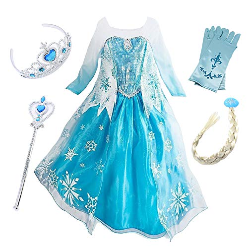 FStory&Winyee Mädchen Eisprinzessin Elsa Schneeflocke Kostüm Kinder Langarm Blau Kleid Weihnachten Karneval Verkleidung Party Halloween Fest, Blau, 120 von FStory&Winyee