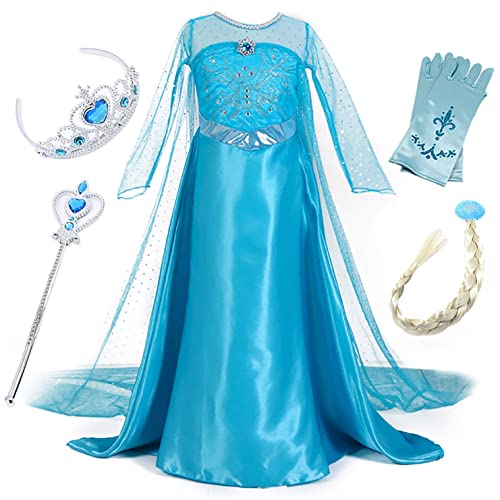 FStory&Winyee Mädchen Prinzessin Kostüm Kinder Eiskönigin Elsa Kleid Karneval Frozen Cosplay Verkleidung Set Diadem Zauberstab Umhang Outfit Blau Party Weihnachtskostüm Fasching Geburtstag Geschenk von FStory&Winyee