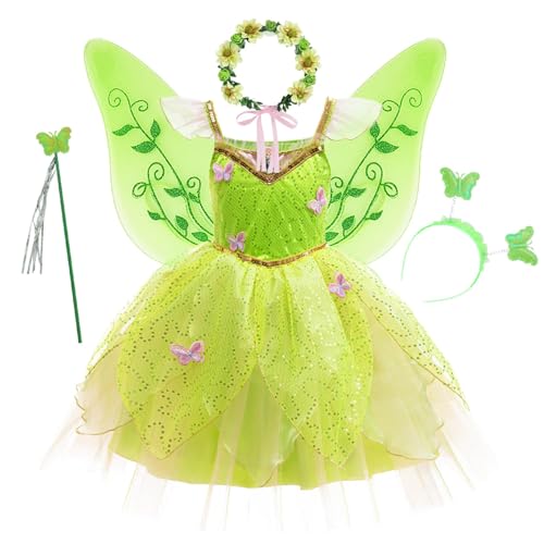 FStory&Winyee Mädchen Tinkerbell Kostüm Kinder Tiana Prinzessinnenkleid Tutu Fancy Dress mit flügel Blumenkranz Zauberstab für Verkleidung Geschenk Cosplay Halloween Karneval, Grün, 100 von FStory&Winyee