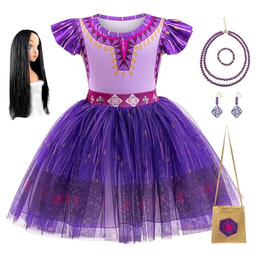 FStory&Winyee Wish Asha Prinzessin Kostüm Mädchen Lila Kleid Tutu Rock mit Taschen Perück Dress up Set outfits für Verkleidung kindergarten Karneval Cosplay Weihnachten, 100 von FStory&Winyee