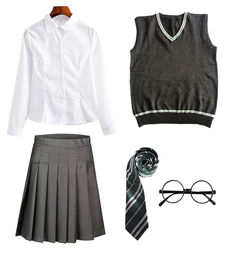 FStory&Winyee Zauberer Set Bluse Rock Weste Krawatte Brille Kostüm Zubehör für Kinder Erwachsene Zubehör Set Striped Tie Gestreifte Krawatte zum Karneval Fasching Halloween,2 Weiblich-grün,XL von FStory&Winyee