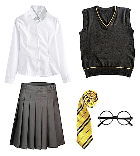 FStory&Winyee Zauberer Set Bluse Rock Weste Krawatte Brille Kostüm Zubehör für Kinder Erwachsene Zubehör Set Striped Tie Gestreifte Krawatte zum Karneval Fasching Halloween,2 Weiblich-gelb,XXL von FStory&Winyee