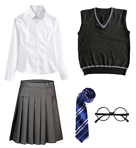 FStory&Winyee Zauberer Set Bluse Rock Weste Krawatte Brille Kostüm Zubehör für Kinder Erwachsene Zubehör Set Striped Tie Gestreifte Krawatte zum Karneval Fasching Halloween,2 Weiblich-blau,115 von FStory&Winyee