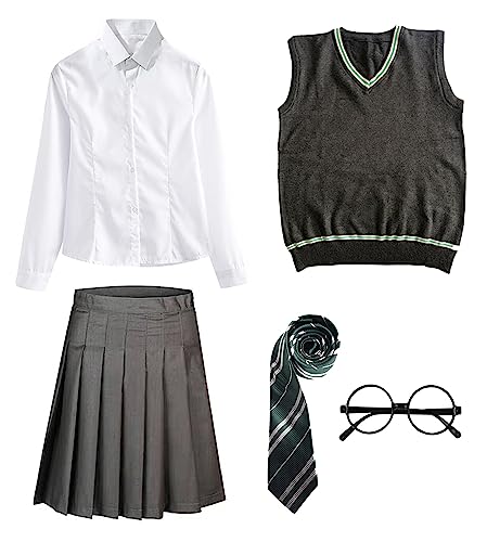 FStory&Winyee Zauberer Set Bluse Rock Weste Krawatte Brille Kostüm Zubehör für Kinder Erwachsene Zubehör Set Striped Tie Gestreifte Krawatte zum Karneval Fasching Halloween,2 Weiblich-grün,XXL von FStory&Winyee