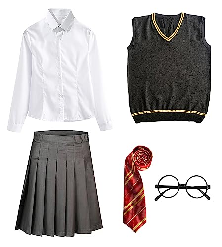 FStory&Winyee Zauberer Set Bluse Rock Weste Krawatte Brille Kostüm Zubehör für Kinder Erwachsene Zubehör Set Striped Tie Gestreifte Krawatte zum Karneval Fasching Halloween,2 Weiblich-rot,125 von FStory&Winyee