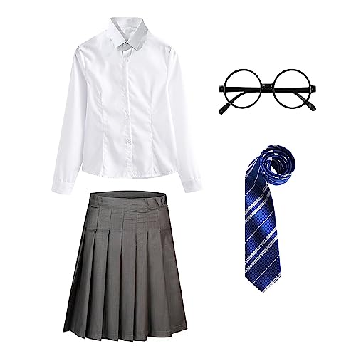 FStory&Winyee Zauberer Set Bluse Rock Weste Krawatte Brille Kostüm Zubehör für Kinder Erwachsene Zubehör Set Striped Tie Gestreifte Krawatte zum Karneval Fasching Halloween,Weiblich-blau,115 von FStory&Winyee