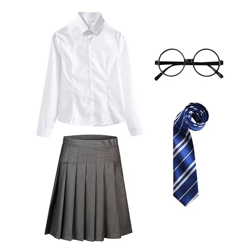 FStory&Winyee Zauberer Set Bluse Rock Weste Krawatte Brille Kostüm Zubehör für Kinder Erwachsene Zubehör Set Striped Tie Gestreifte Krawatte zum Karneval Fasching Halloween,Weiblich-blau,S von FStory&Winyee