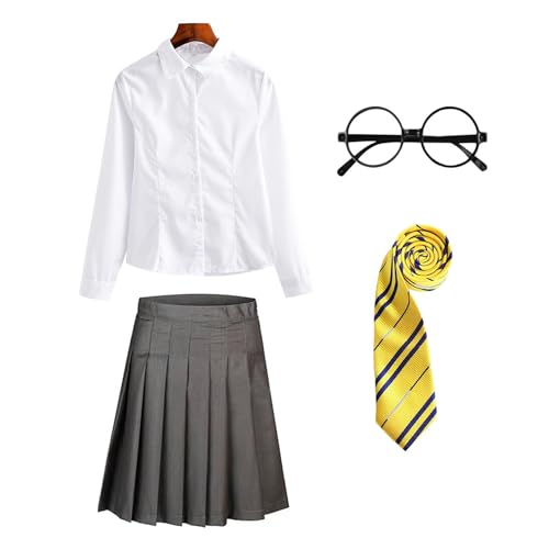 FStory&Winyee Zauberer Set Bluse Rock Weste Krawatte Brille Kostüm Zubehör für Kinder Erwachsene Zubehör Set Striped Tie Gestreifte Krawatte zum Karneval Fasching Halloween,Weiblich-gelb,L von FStory&Winyee