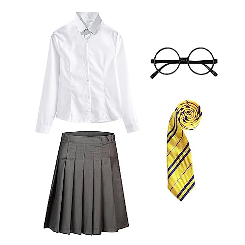 FStory&Winyee Zauberer Set Bluse Rock Weste Krawatte Brille Kostüm Zubehör für Kinder Erwachsene Zubehör Set Striped Tie Gestreifte Krawatte zum Karneval Fasching Halloween,Weiblich-gelb,S von FStory&Winyee