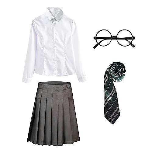 FStory&Winyee Zauberer Set Bluse Rock Weste Krawatte Brille Kostüm Zubehör für Kinder Erwachsene Zubehör Set Striped Tie Gestreifte Krawatte zum Karneval Fasching Halloween,Weiblich-grün,135 von FStory&Winyee