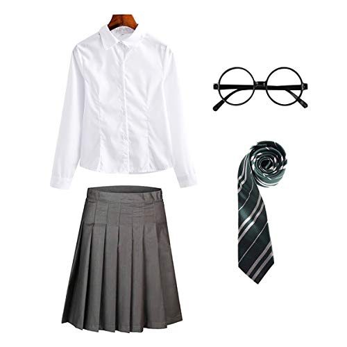 FStory&Winyee Zauberer Set Bluse Rock Weste Krawatte Brille Kostüm Zubehör für Kinder Erwachsene Zubehör Set Striped Tie Gestreifte Krawatte zum Karneval Fasching Halloween,Weiblich-grün,S von FStory&Winyee