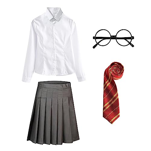 FStory&Winyee Zauberer Set Bluse Rock Weste Krawatte Brille Kostüm Zubehör für Kinder Erwachsene Zubehör Set Striped Tie Gestreifte Krawatte zum Karneval Fasching Halloween,Weiblich-rot,135 von FStory&Winyee