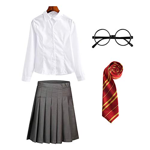 FStory&Winyee Zauberer Set Bluse Rock Weste Krawatte Brille Kostüm Zubehör für Kinder Erwachsene Zubehör Set Striped Tie Gestreifte Krawatte zum Karneval Fasching Halloween,Weiblich-rot,XXL von FStory&Winyee