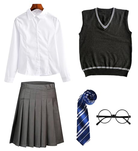 FStory&Winyee Zauberer Zubehör Set Kinder Erwachsene Fanartikel Fasching Outfit Zubehör Set Krawatte, Hemd/Bluse, Rock, Weste, Brille, Blau-webliches Set 01, 135 von FStory&Winyee