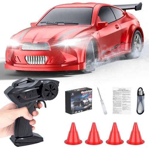 FTJKGH Rc Drift Car, 1:64 Desktop Mini Rc Auto, 2,4Ghz 4WD Ferngesteuertes Auto 15km/h mit LED-Leuchten, Hindernismodell, Austauschbare Karosserie für Kinder und Erwachsene ab 6 Jahren von FTJKGH