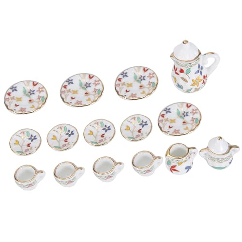 FTVOGUE 15-teiliges Porzellan-Tee-Set, Miniatur-Puppenhaus-Küche, Porzellan-Blumentassen-Set, Miniatur-Teeservice für Küche, Esszimmer, Wohnzimmer, Restaurant, Bar (Farbenfrohe Blumen) von FTVOGUE