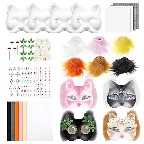 4 Stück Therian Mask DIY Set, Katzenmaske mit Augen Mesh und Pelz Bart, DIY Katzenmasken zu malen Filz, Maskes Kunsthandwerk Kit, DIY Blank Gesicht Maske Kostüm für Maskerade, Halloween Party (B) von FUFRE