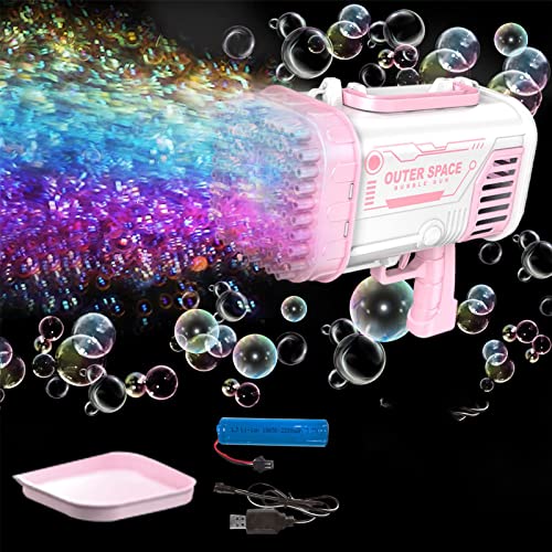 FUFRE seifenblasenmaschine Pistole, Seifenblasenpistole Mit LED Lichter 80 Bubble Holes, Bazooka Bubble Maker Für Jungen Und Mädchen Outdoor Indoor Aktivitäten Part (rosa) von FUFRE