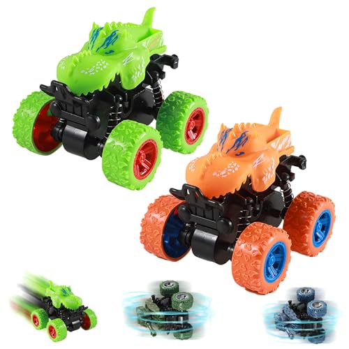 Monstertruck Auto Spielzeug, Spielzeugautos Monster Trucks, Aufziehauto LKW Reibungsbetriebene Rennwagen Zurückziehen, 360 Grad Rotierende Spielzeugauto für Kinder ab 2-10 Jahre Geschenk (Orange+Grün) von FUFRE