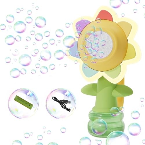 Seifenblasenmaschine Kinder, Kopf-Schütteln Seifenblasen Blume mit Lichtern und Musik, 130ML Seifenblasenmaschine, Bubble Machine, Seifenblasen Kinder, für Partys Geburtstag Hochzeit (Gelb) von FUFRE