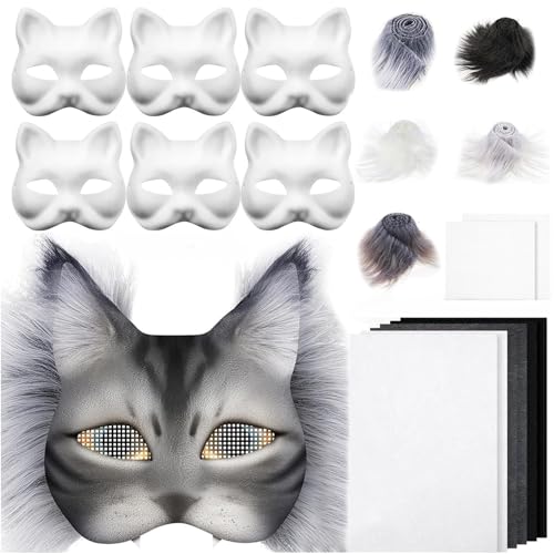 Therian Mask DIY Kit, Therian Masken Basteln Set mit 6 Blanko Katzenmaske, Furry Tiermasken Katzenmasken DIY Farbe Therian Maske für Halloween, Make up, Rollenspiel, Karneval, Cosplay Party (A) von FUFRE