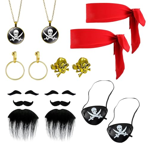 FUIPVGI 16 Stücke Piraten Kostüm zubehör, Pirat Captain Dress Up Set, Piraten Kapitän Augenklappen, Bandana, Gold Ohrringe,Gefälschte Schnurrbart, für Fasching Karneval Halloween und Piratenparty(Rot) FUIPVGI 16 Stücke Piraten Kostüm zubehör, Pirat Captain Dress Up Set, Piraten Kapitän Augenklappen, Bandana, Gold Ohrringe,Gefälschte Schnurrbart, für Fasching Karneval Halloween und Piratenparty(Rot) von FUIPVGI