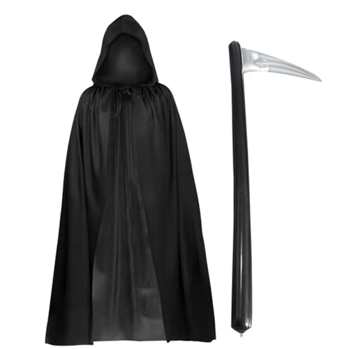 FUIPVGI 2 Stück Sensenmann Kostüm für Halloween Cosplay,140 cm Langer Schwarzer Kapuzenumhang Aufblasbare Sichel,Halloween Kostüm Halloween Kostüm Sensenmann für Halloween Cosplay (2 Stück) von FUIPVGI