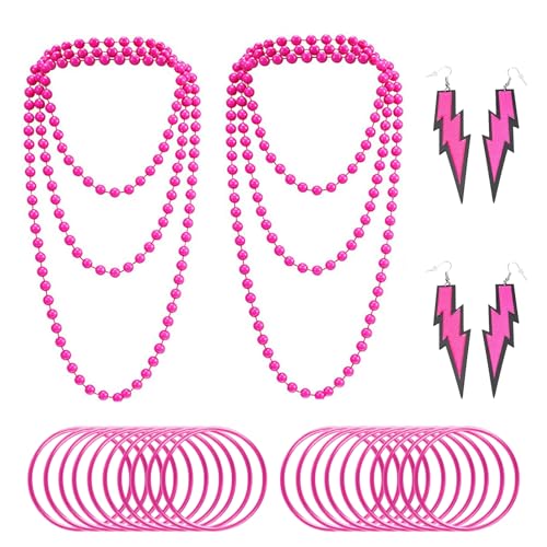 FUIPVGI 26-teiliges 80er Jahre Outfit Damen Set: 80er Jahre Accessoires für Frauen - Ohrringe, Halskette, Armbänder - Neon Accessoires für Party & Karneval (Rosenrot) von FUIPVGI