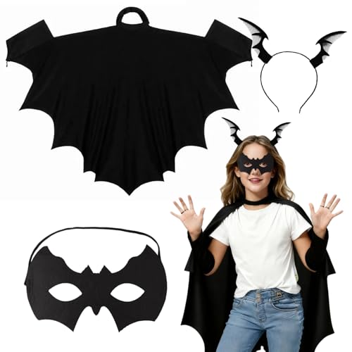 FUIPVGI 3 Stück Fledermaus Kostüm Adult, Fledermausflügel Umhang mit Augenmaske & Stirnband, Halloween Schwarz Fledermauskostüm Fledermaus Umhang Vampir Kostüm Damen für Halloween Karneval Cosplay von FUIPVGI