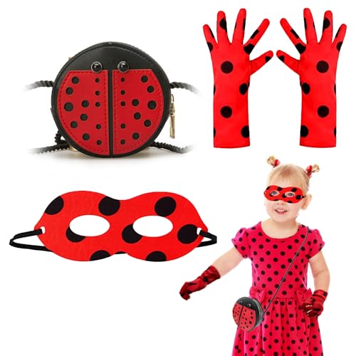 FUIPVGI 3 Stück Ladybug Kostüm Zubehör Set Marienkäfer Kostüm Damen Mädchen mit Ladybug Maske, Marienkäfer Handschuhe, Ladybug Tasche, Ladybug Kostüm Kinder, für Halloween Karneval Rollenspiel (Rot) FUIPVGI 3 Stück Ladybug Kostüm Zubehör Set Marienkäfer Kostüm Damen Mädchen mit Ladybug Maske, Marienkäfer Handschuhe, Ladybug Tasche, Ladybug Kostüm Kinder, für Halloween Karneval Rollenspiel (Rot) von FUIPVGI