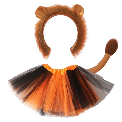 FUIPVGI 3 Stück Löwenkostüm,Löwenohren Stirnband Schwanz, Tutu Rock Kostümset,Tierkostüm-Set Löwenkostüm Kinderkostüm-Zubehör für Halloween Karneval Geburtstag (Orange) von FUIPVGI