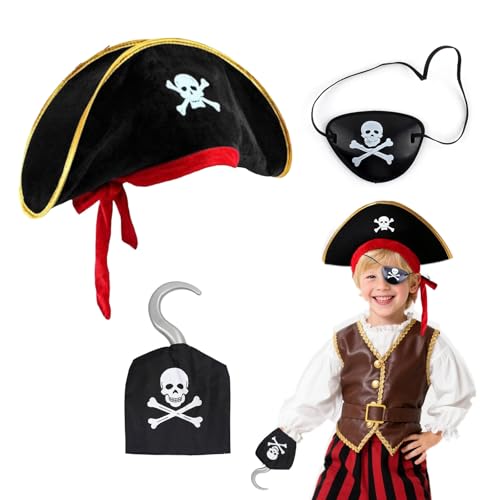 FUIPVGI 3 Stück Piraten Kostüm Zubehör Set, Piraten Kapitänskostüm Accessoires Erwachsene Kinder Inklusive Piratenhut Augenklappe und Haken für Halloween Piratenparty Karneval und Cosplay (Schwarz) von FUIPVGI