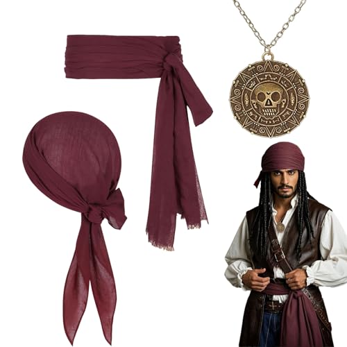 FUIPVGI 3-teiliges Piratenzubehör, mittelalterliches Piratenkostüm-Zubehör-Set, Piraten-Bandana und Schärpe, Gürtel, Totenkopf-Halskette, Piratenkostüm für Halloween, Kapitän, Piratenkostüm, Karneval FUIPVGI 3-teiliges Piratenzubehör, mittelalterliches Piratenkostüm-Zubehör-Set, Piraten-Bandana und Schärpe, Gürtel, Totenkopf-Halskette, Piratenkostüm für Halloween, Kapitän, Piratenkostüm, Karneval von FUIPVGI