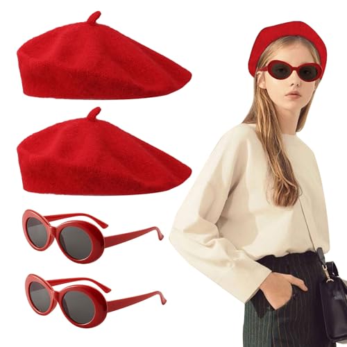 FUIPVGI 4 Stück Baskenmütze und Sonnenbrillen, Französisches Frauenkostüm-Zubehör-Set Klassisch Plain Französischer Stil Barett, Damen Baskenmütze, Barett, Damenmütze, französische Künstler-Mime-Kit FUIPVGI 4 Stück Baskenmütze und Sonnenbrillen, Französisches Frauenkostüm-Zubehör-Set Klassisch Plain Französischer Stil Barett, Damen Baskenmütze, Barett, Damenmütze, französische Künstler-Mime-Kit von FUIPVGI