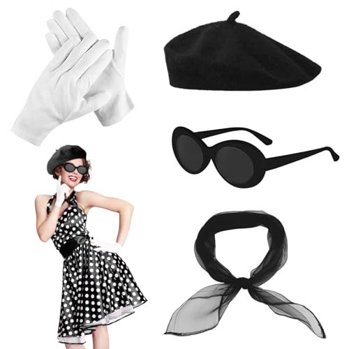 FUIPVGI 4 Stück Rockabilly Accessoires Damen, 50er Jahre Vintage Zubehör Set, 1950s Kostüm Set mit Schwarz Baskenmütze, Schal, Sonnenbrille, Handschuhe, 60er Jahre Kleidung für Retro Party FUIPVGI 4 Stück Rockabilly Accessoires Damen, 50er Jahre Vintage Zubehör Set, 1950s Kostüm Set mit Schwarz Baskenmütze, Schal, Sonnenbrille, Handschuhe, 60er Jahre Kleidung für Retro Party von FUIPVGI