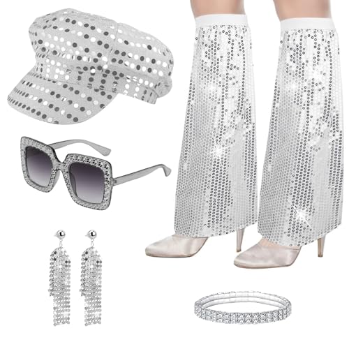 FUIPVGI 5 Stück 70er Jahre Disco Zubehör, 70er 80er Disco Outfit Damen mit Pailletten Hut Sonnenbrille Ohrringe Armband Bein Warmer für Retro Disco Themenparty Karneval Tanzshow (Silber) von FUIPVGI