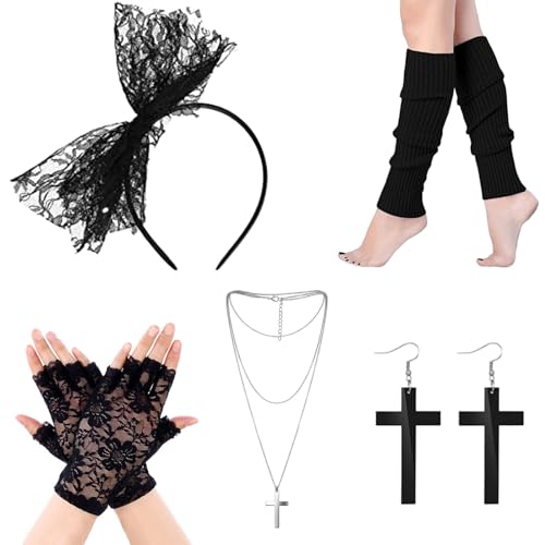 FUIPVGI 5 Stück Damen-80er-Jahre-Accessoires, Kostümzubehör, 80er-Jahre-Vintage-Accessoires, Damen-Spitzen-Stirnband-Ohrringe, Netzhandschuhe, 80er-Jahre-Retro-Party für Party-Karneval (schwarz) von FUIPVGI