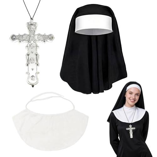 FUIPVGI 5 Stück Halloween Nonne-Kostüm-Komplettset für Damen mit Haube, Halsbinde & Kreuzkette für Karnevalskostüm für Themenpartys & Religiöse Veranstaltungen (Schwarz) von FUIPVGI